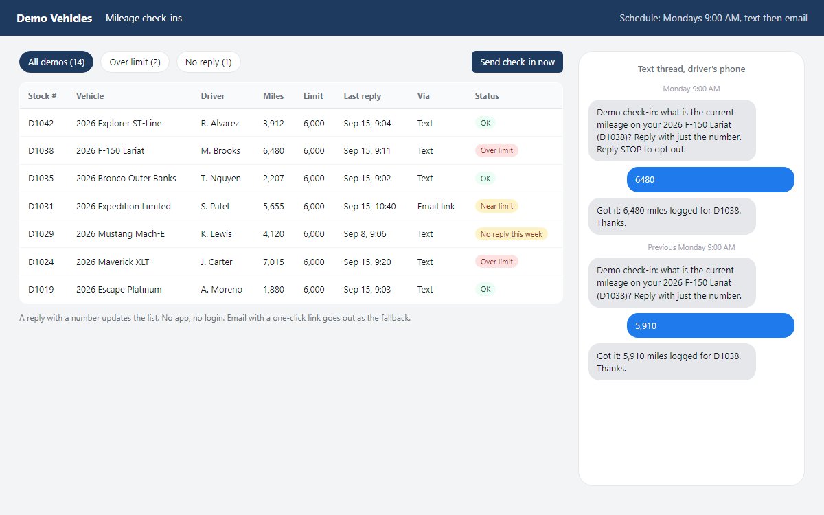 Demo vehicle mileage list with a text message check-in thread