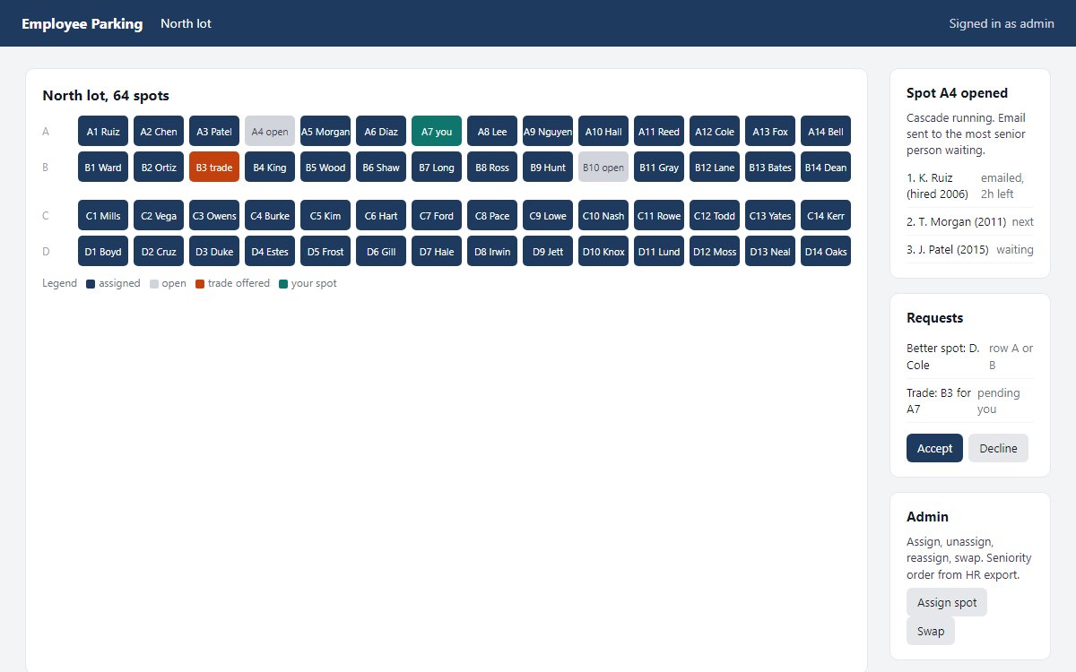 Employee parking map with seniority cascade